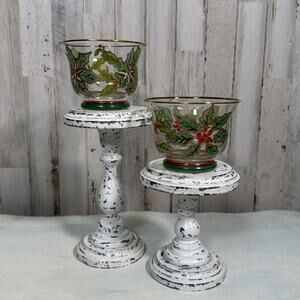 Poinsettia Glass Painted Tealight Holder Set Of 2